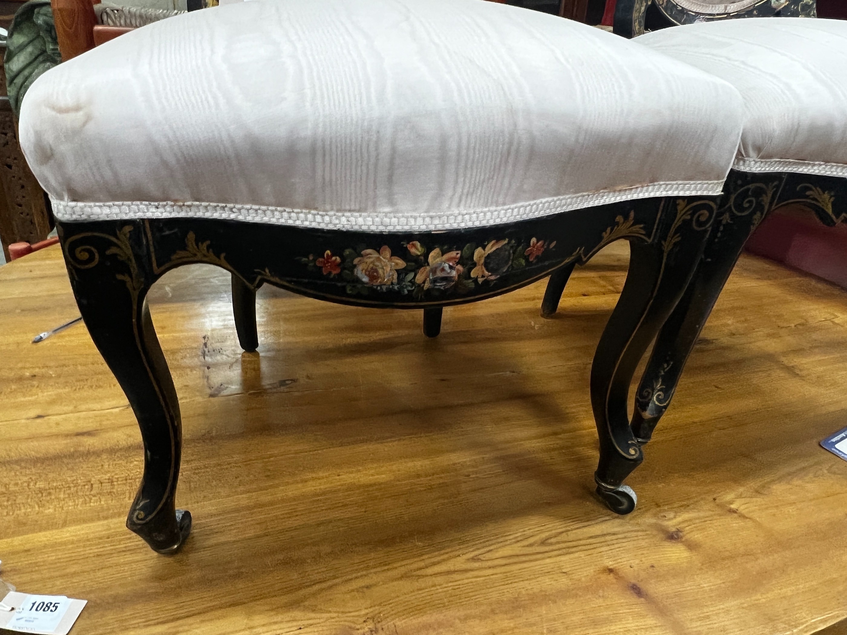 A pair of Victorian mother of pearl inlaid ebonised parcelgilt side chairs, width 52cm, depth 48cm, height 96cm